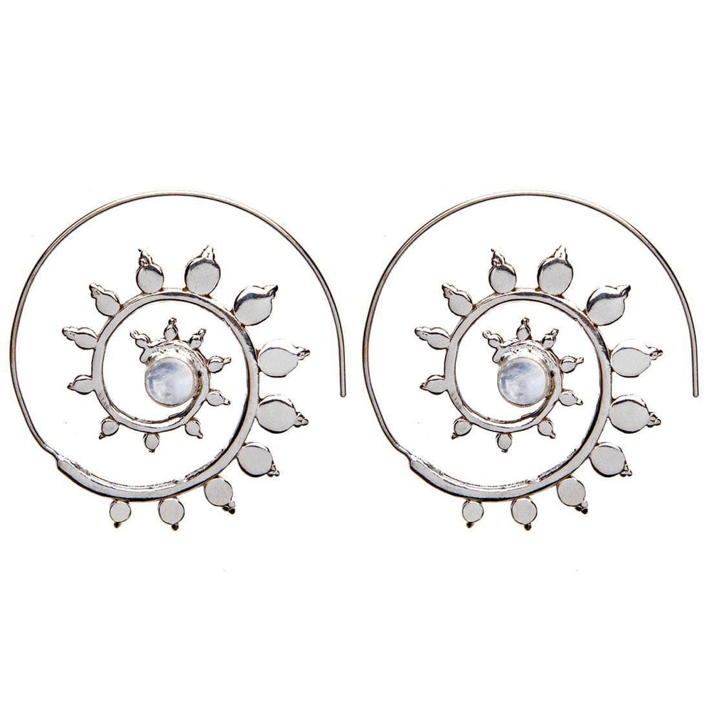 Silver Brass Moonstone Gemstone Sun Flower Spiral Threader Earrings