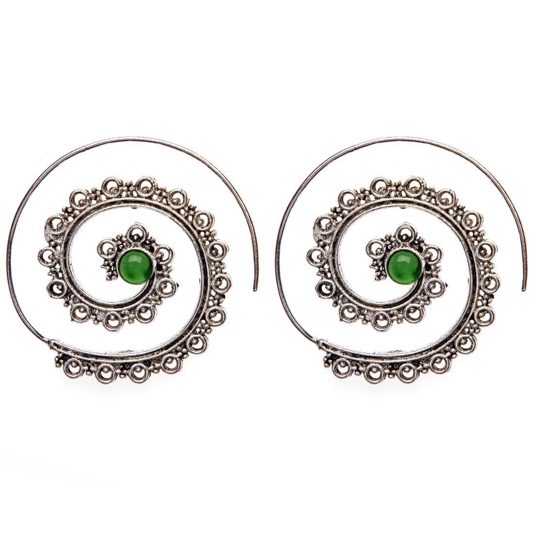 
                  
                    Silver Brass Green Gemstone Mandala Dot Work Spiral Threader Earrings
                  
                