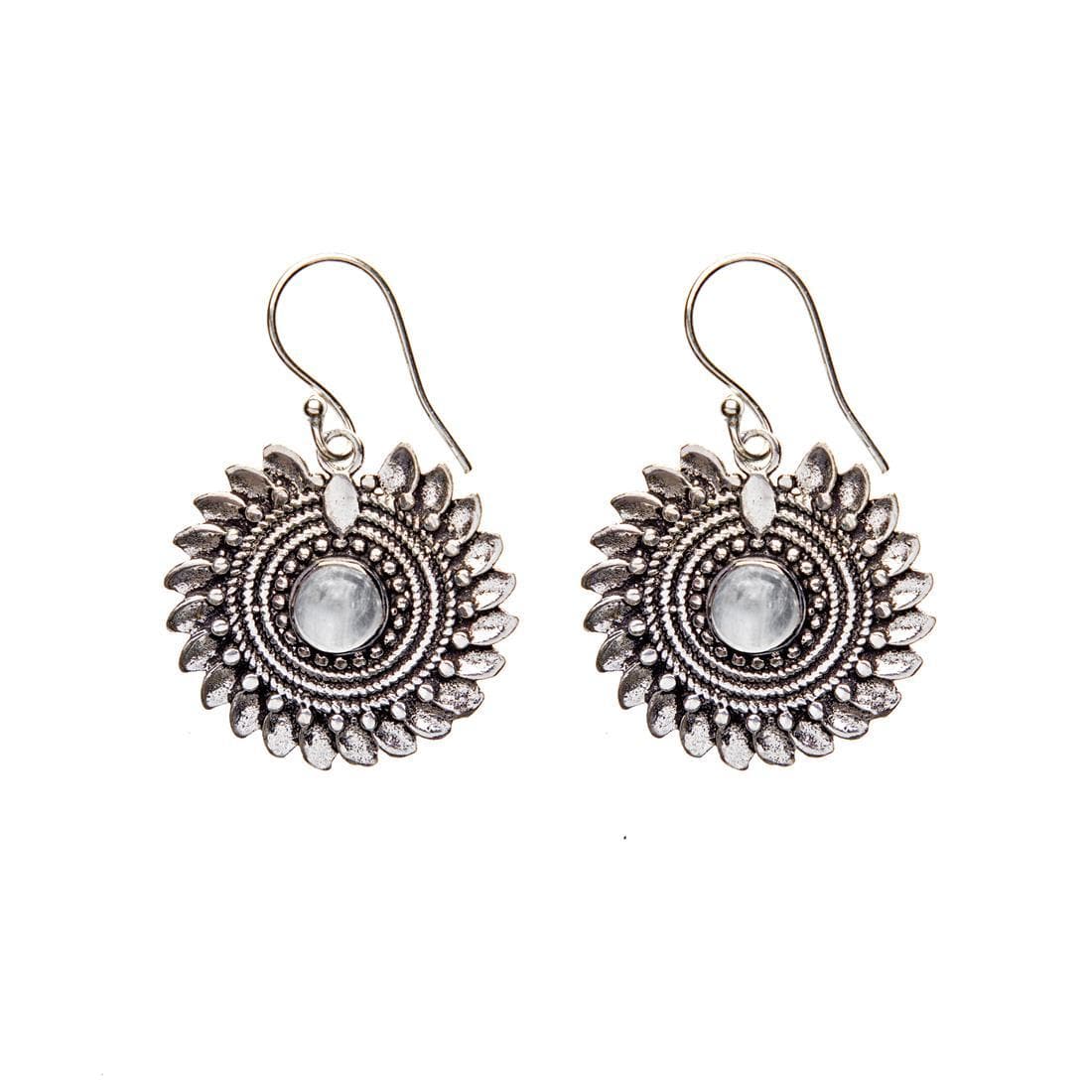 
                  
                    Silver Brass Moonstone Flower Sun Rope Dot Mandala Dangle Earrings
                  
                