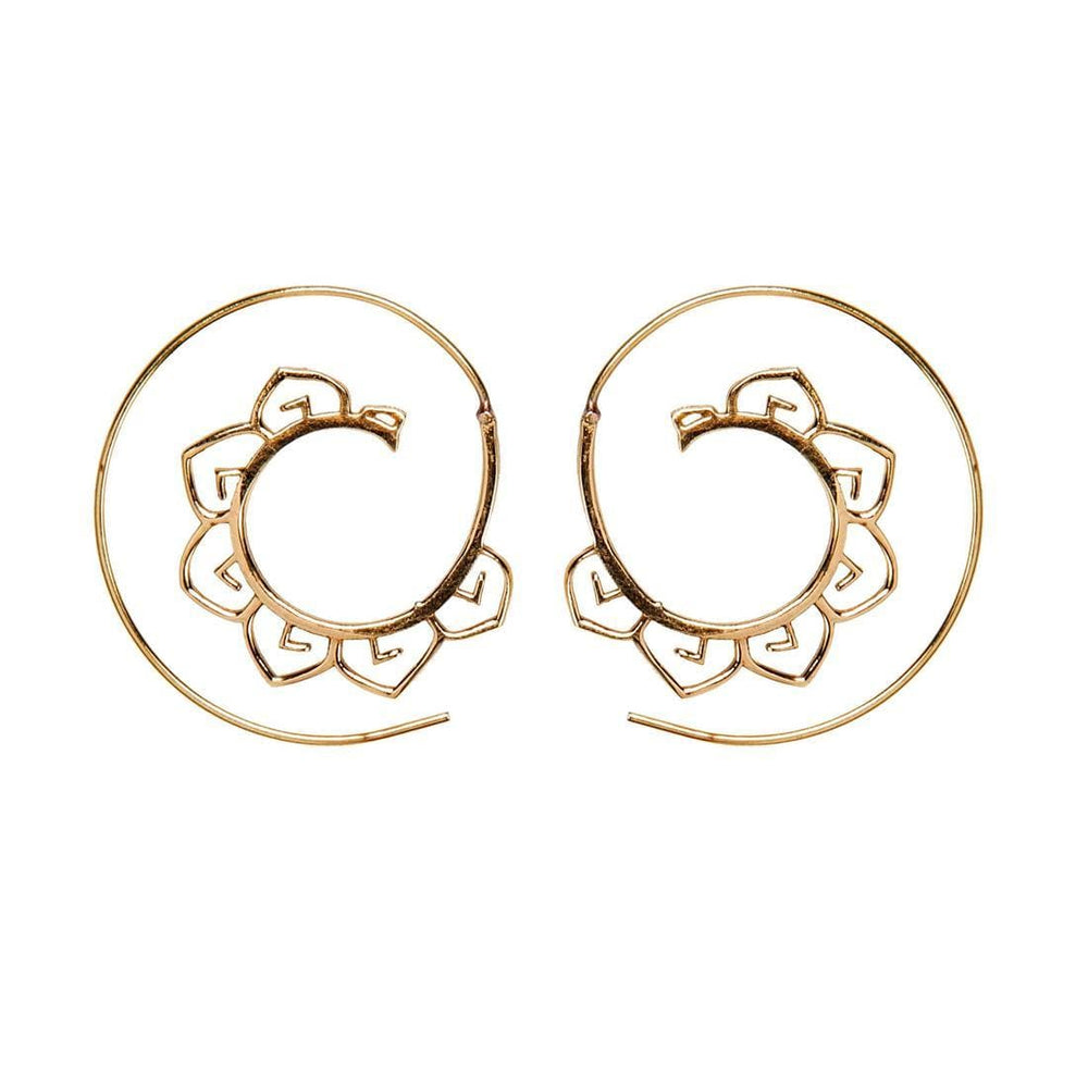 Gold Brass Open Lotus Flower Mandala Spiral Threader Earrings