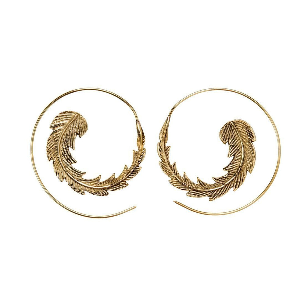 Gold Brass Textured Leaf Feather Festival Spiral Threader Earrings