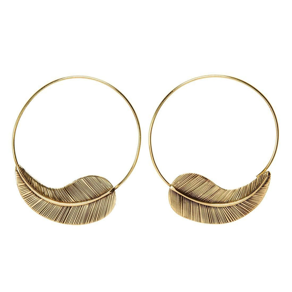 Gold Brass Textured Leaf Feather Hoops Round Threader Hoop Earrings
