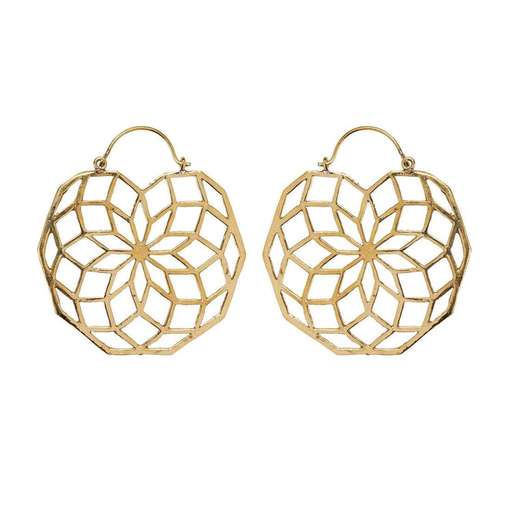Gold Brass Cut-Out Flower of Life Disc Mandala Festival Boho Earrings
