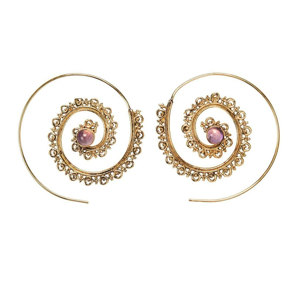 Gold Brass Amethyst Filigree Mandala Dot Work Spiral Threader Earrings