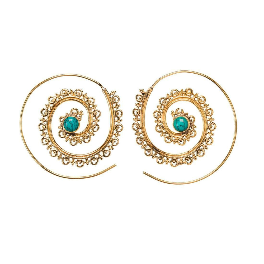 Gold Brass Turquoise Filigree Mandala Dot Work Spiral Threader Earrings