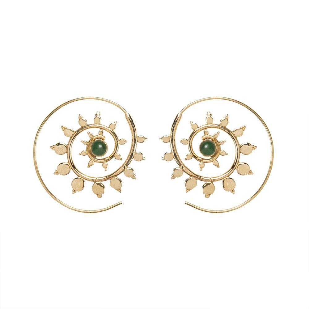 Silver Brass Green Gemstone Boho Sun Flower Spiral Threader Earrings