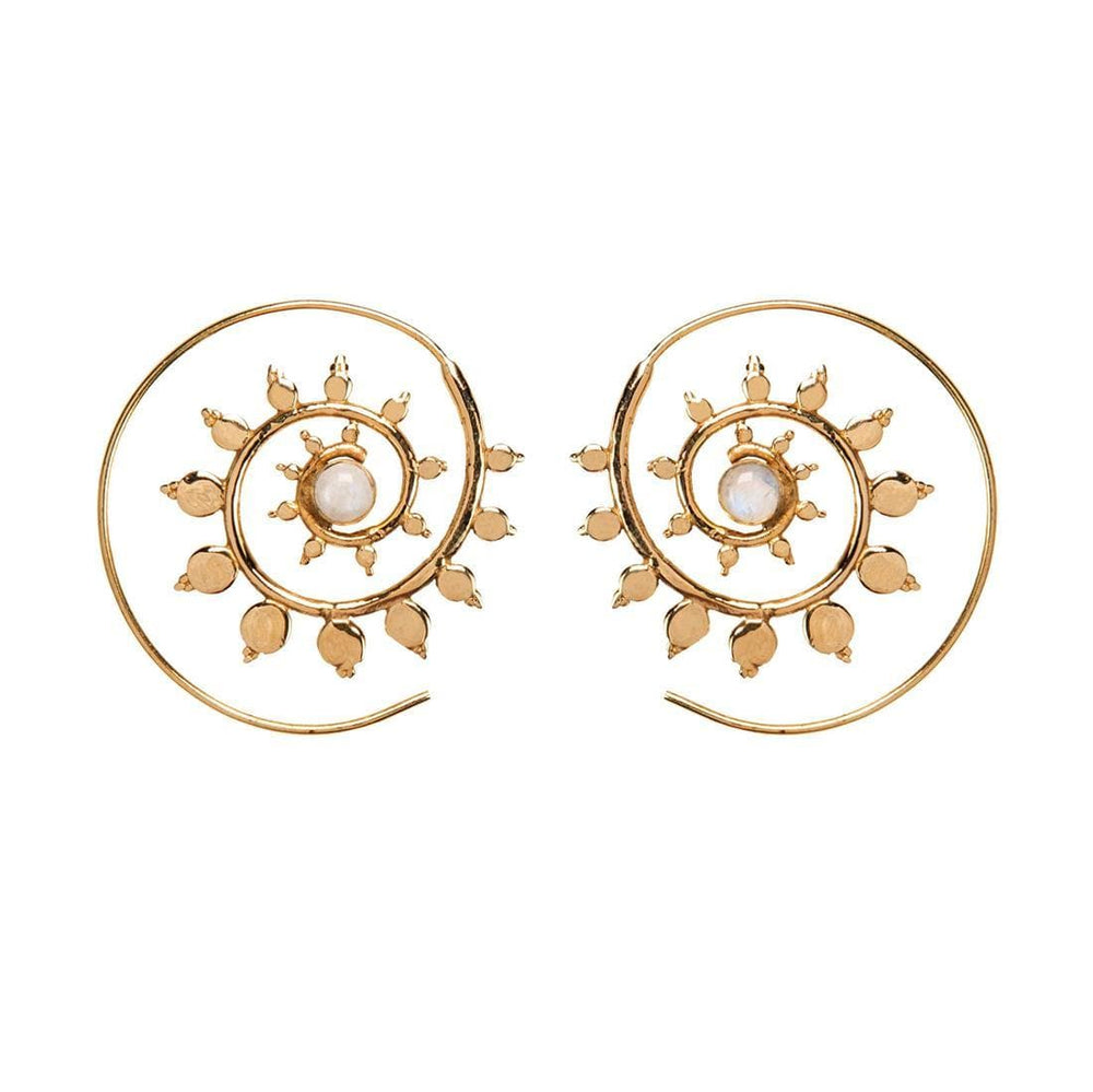 Silver Brass Moonstone Boho Sun Flower Spiral Threader Earrings