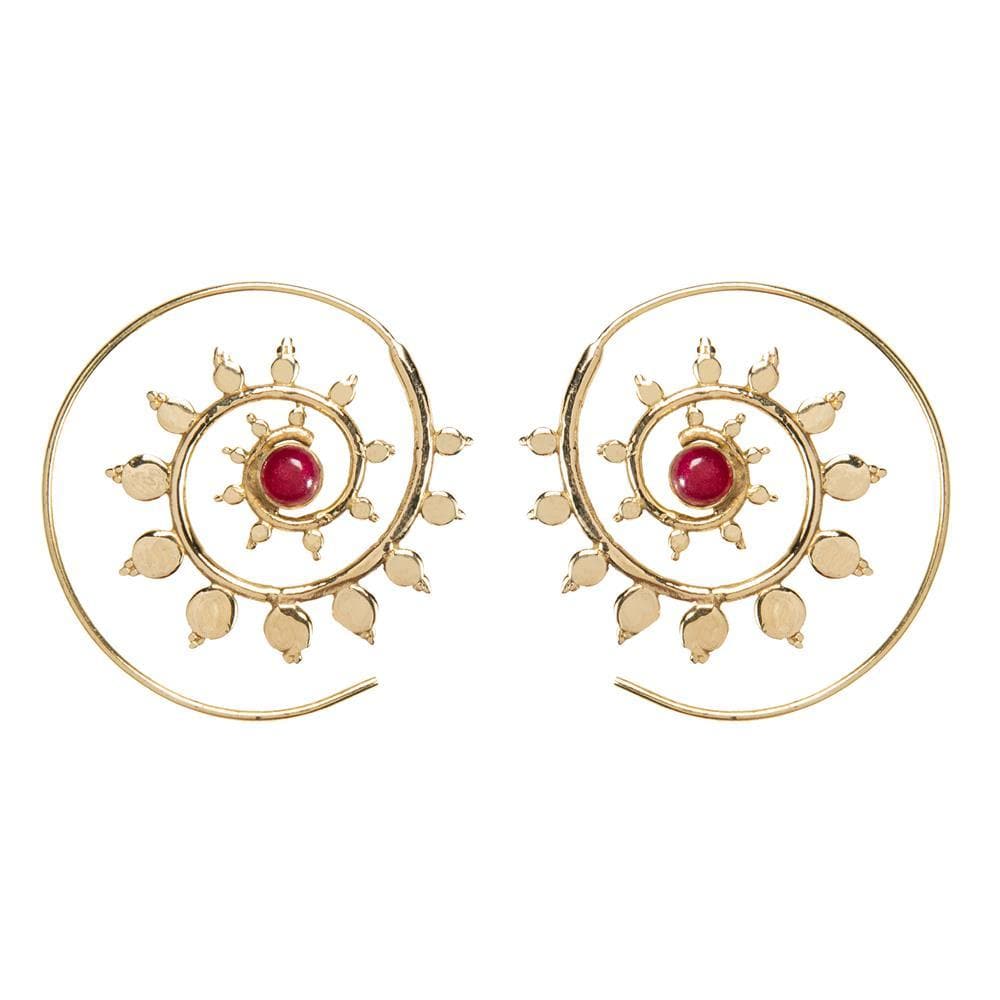 Silver Brass Ruby Gemstone Boho Sun Flower Spiral Threader Earrings