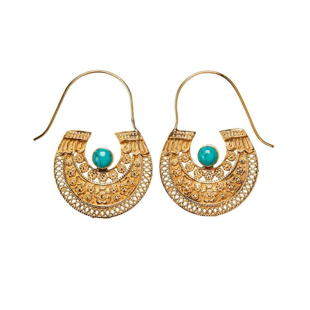 Gold Brass Turquoise Filigree Dot Work Flower Tribal Hoop Earrings