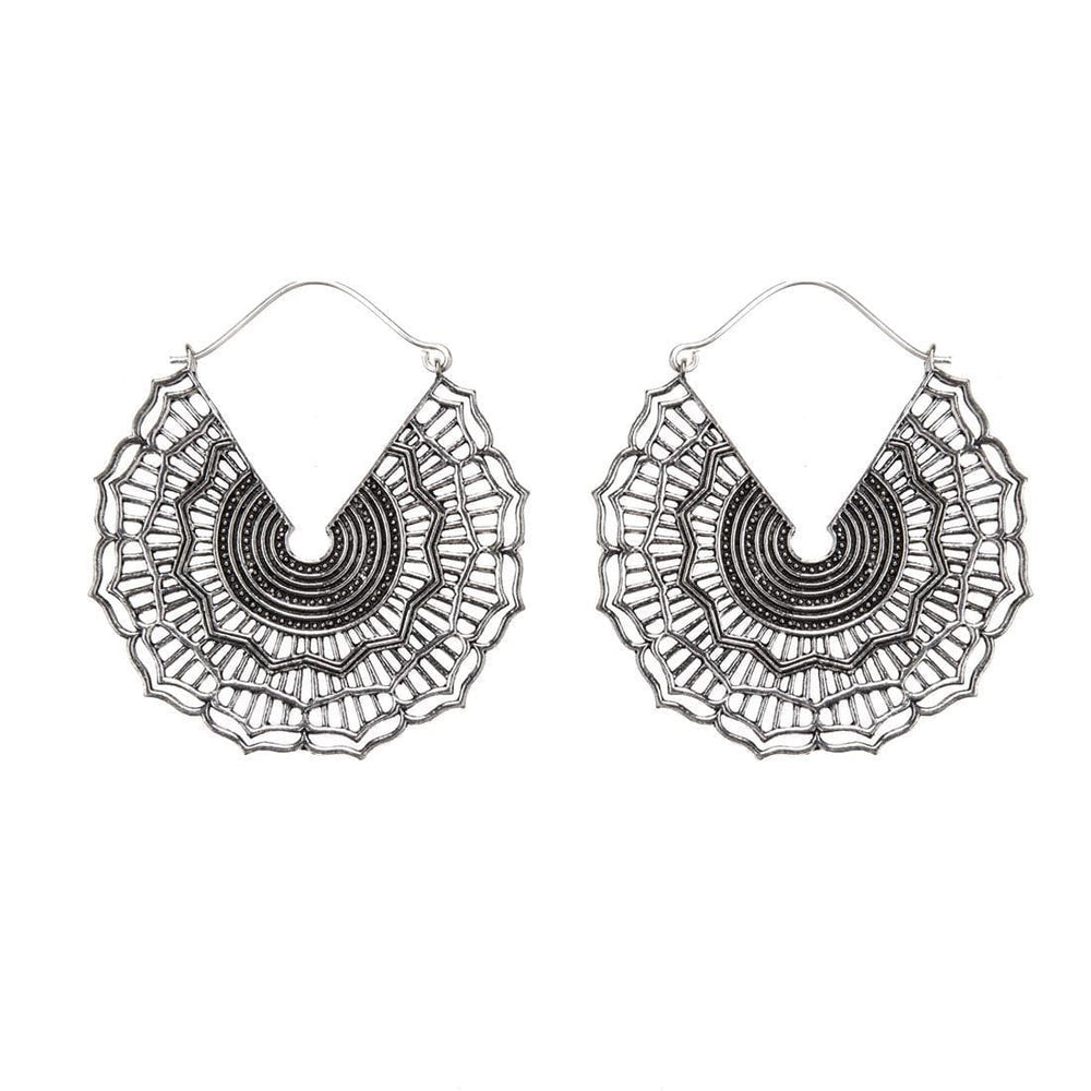 Silver Brass C-Shape Tribal Hoops Web Mandala Disc Hoop Earrings