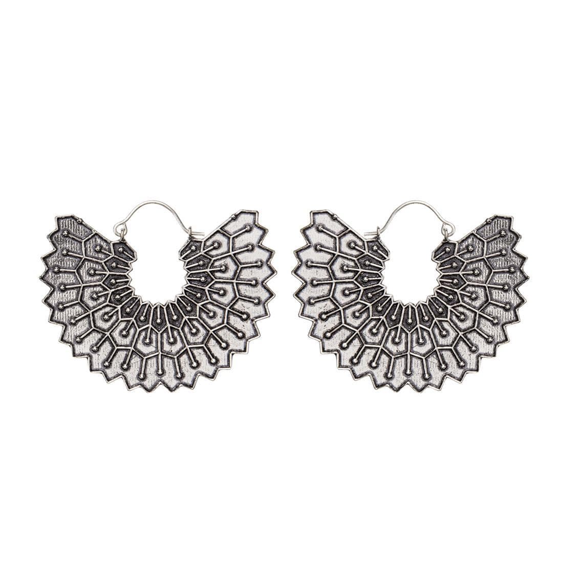 Silver Brass Turquoise C-Shape Sun Filigree Disc Hoop Earrings