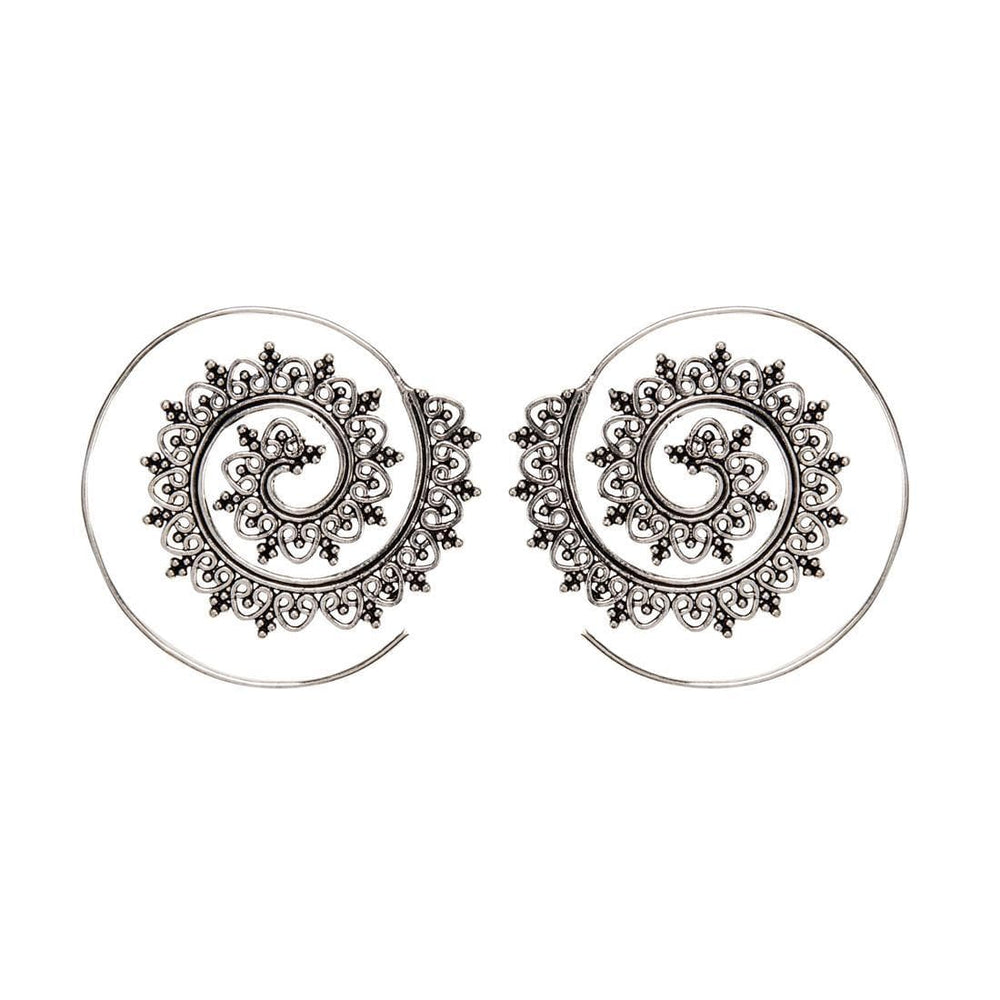 Silver Brass Filigree Mandala Dot Work Boho Spiral Threader Earrings