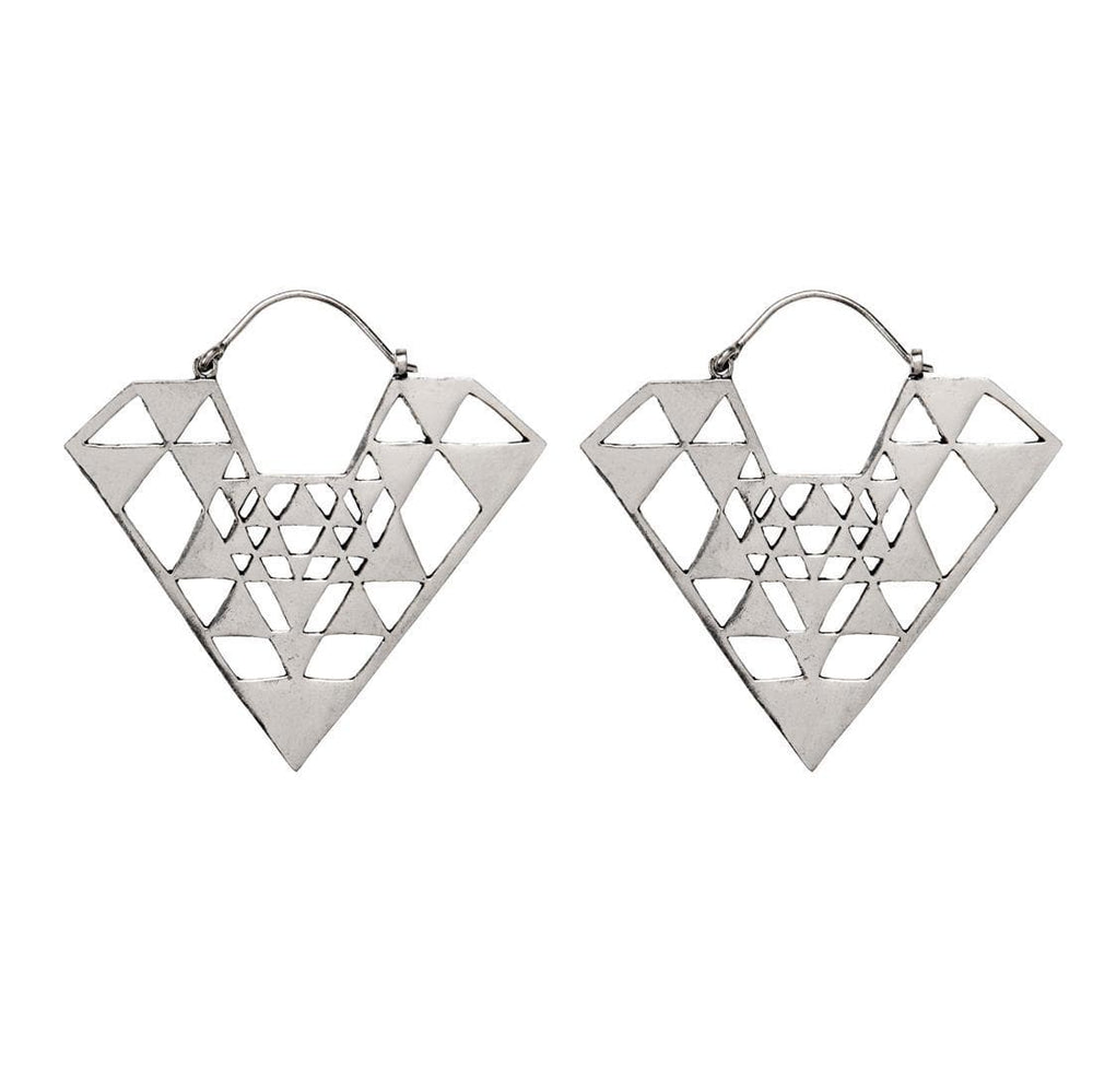 Silver Brass Pyramid Cut-Out Geometric Triangle Tribal Dangle Earrings