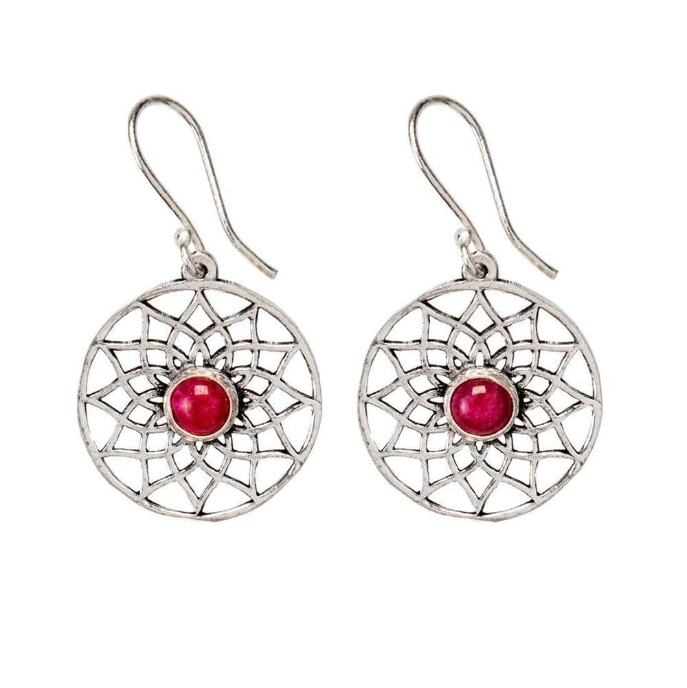 Silver Brass Ruby Gemstone Cut-Out Flower of Life Dangle Earrings