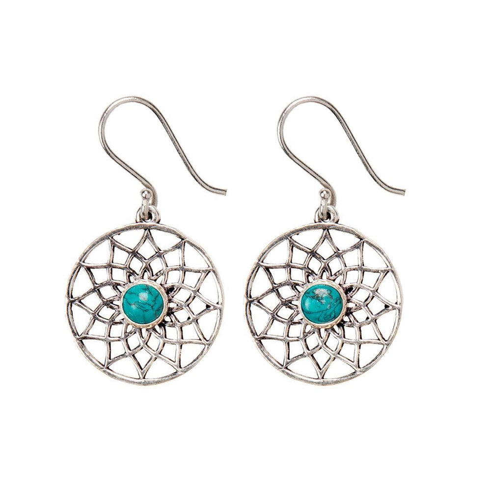 Silver Brass Turquoise Cut-Out Flower of Life Dangle Earrings