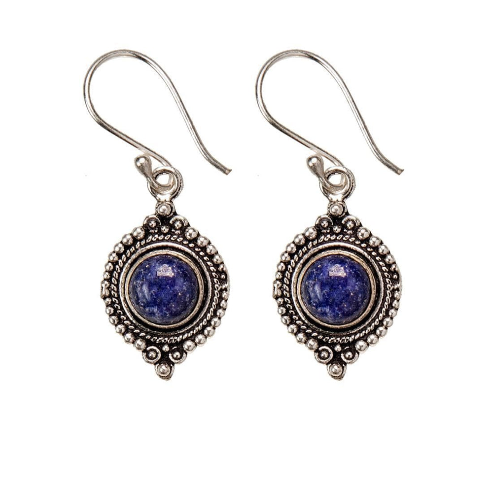 Silver Brass Round Lapis Lazuli Gemstone Dot Work Indian Drop Earrings