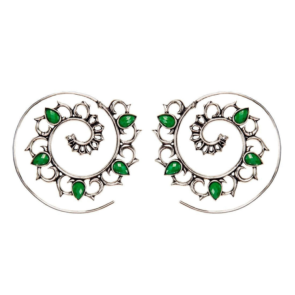 Silver Brass Green Gemstone Flower Bohemian Spiral Threader Earrings
