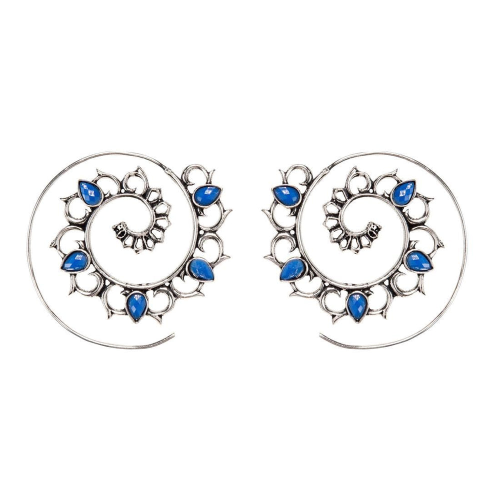 Silver Brass Sapphire Gemstone Flower Bohemian Spiral Threader Earrings