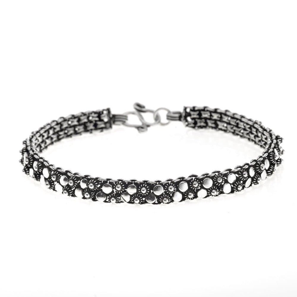 Sterling Silver Oxidised Vintage Style Flower Circle Chain Bracelet