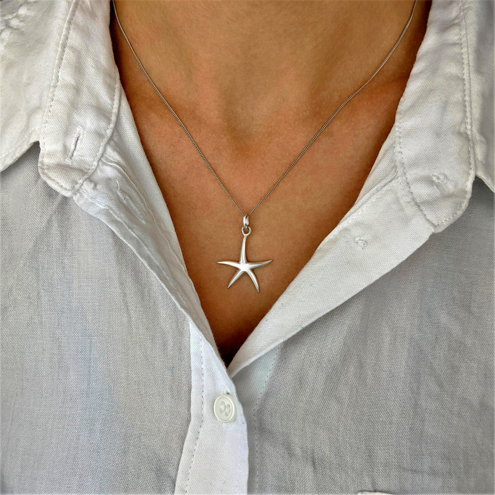 Sterling Silver Simple Starfish Pendant Necklace With 18" Chain
