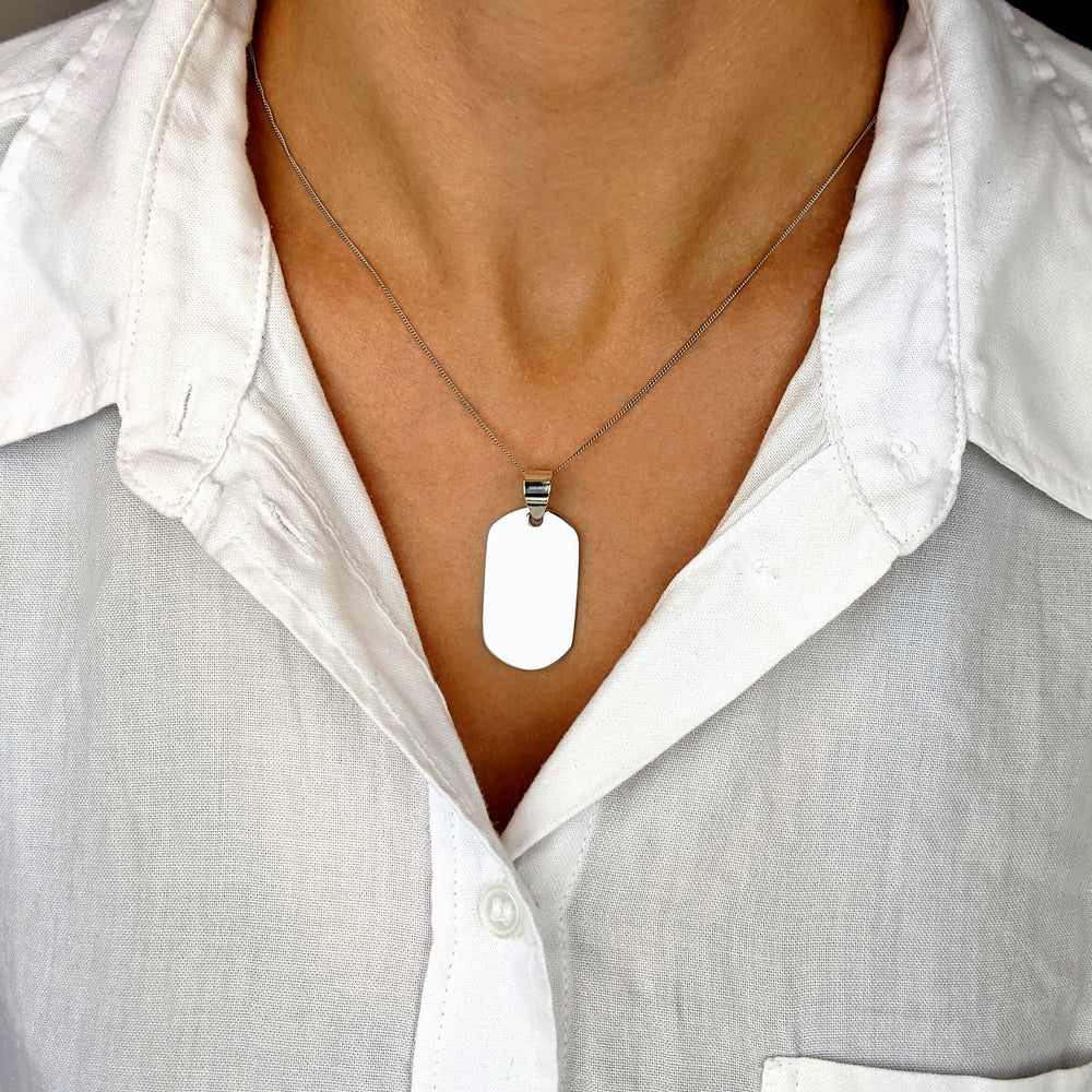 Sterling Silver Large ID Identity Dog Tag Pendant Curb Chain Necklace