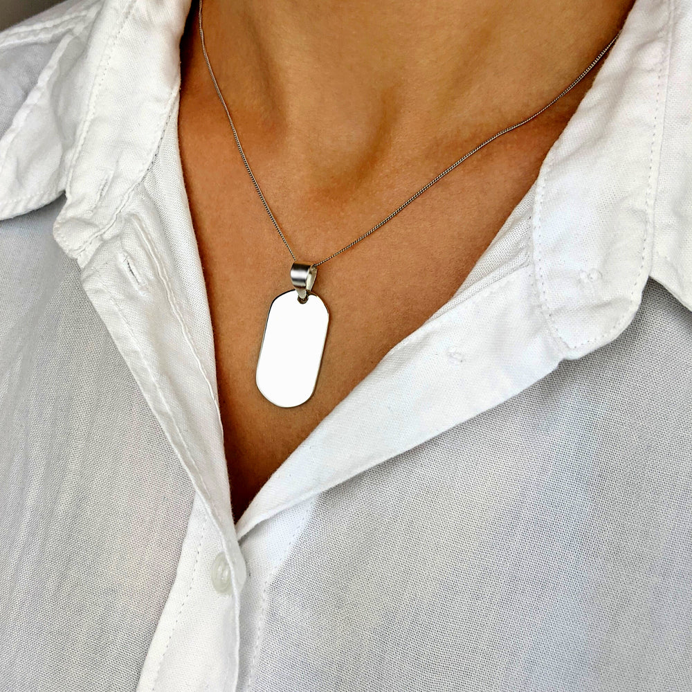 Sterling Silver Large ID Identity Dog Tag Pendant Curb Chain Necklace