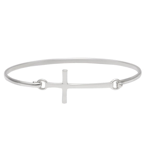 Fish - Cross Round Eye Hook Bangle Bracelet - Sterling Silver Charm - 6.25  Inch (4251SS)