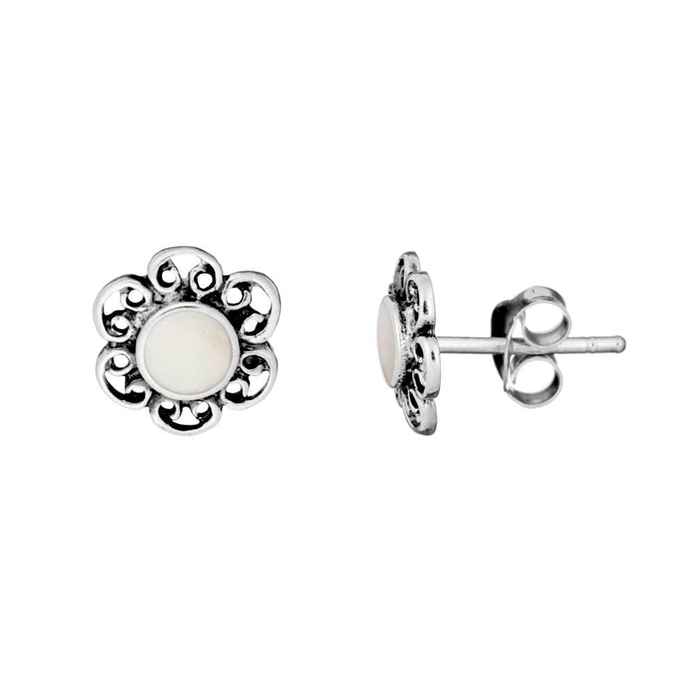 
                  
                    Sterling Silver Mother of Pearl Studs Small Filigree Flower Stud Earrings
                  
                
