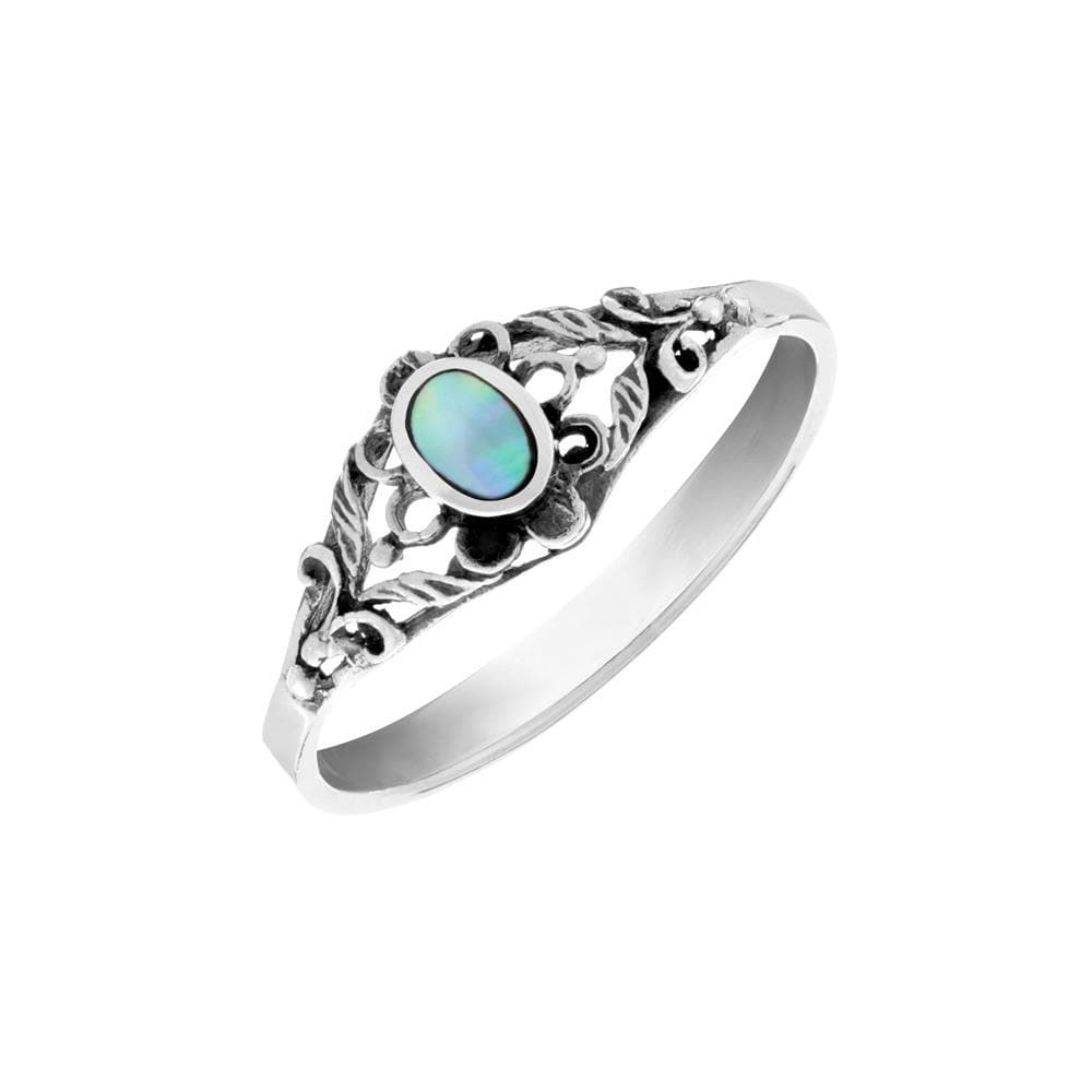Sterling Silver Abalone Ring - Floral Filigree, Oval Cabochon, Gothic Victorian Style, 925 Silver