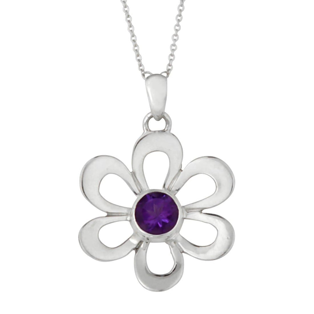 Sterling Silver Amethyst Purple Flower Pendant Necklace
