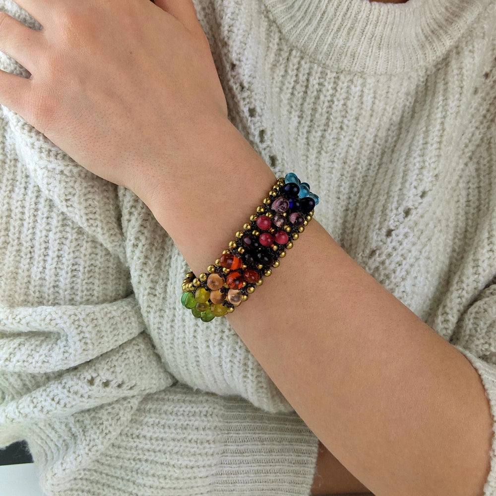 Gold Brass Rainbow Multicoloured Glass Bracelet Indian Style With Bells