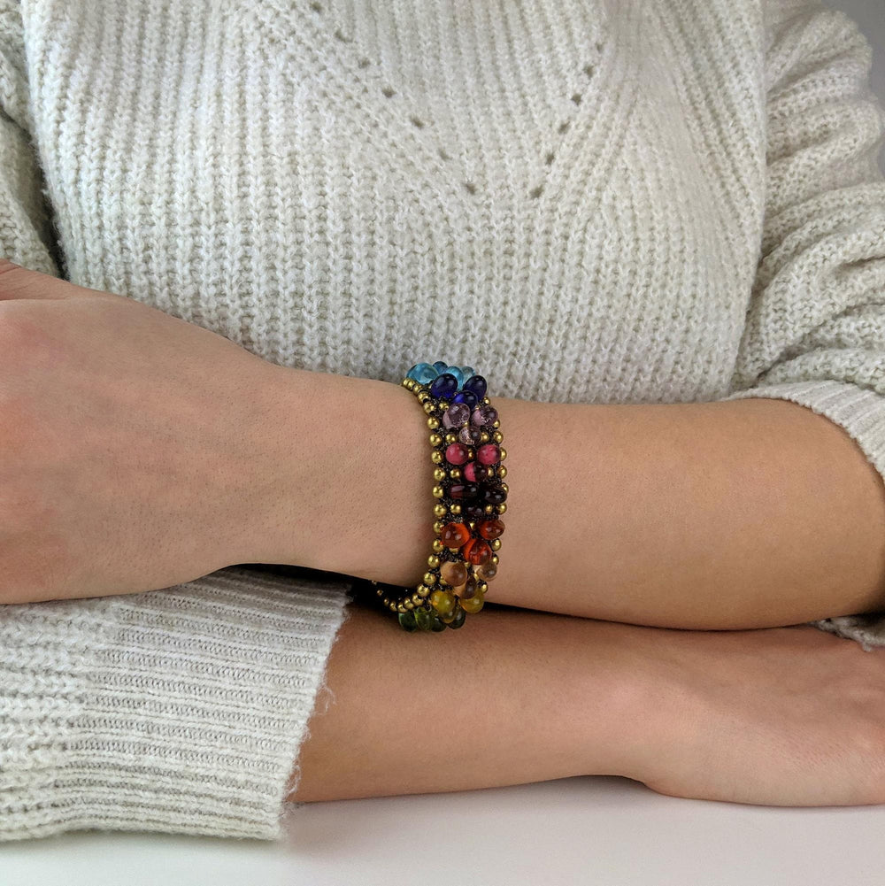Gold Brass Rainbow Multicoloured Glass Bracelet Indian Style With Bells