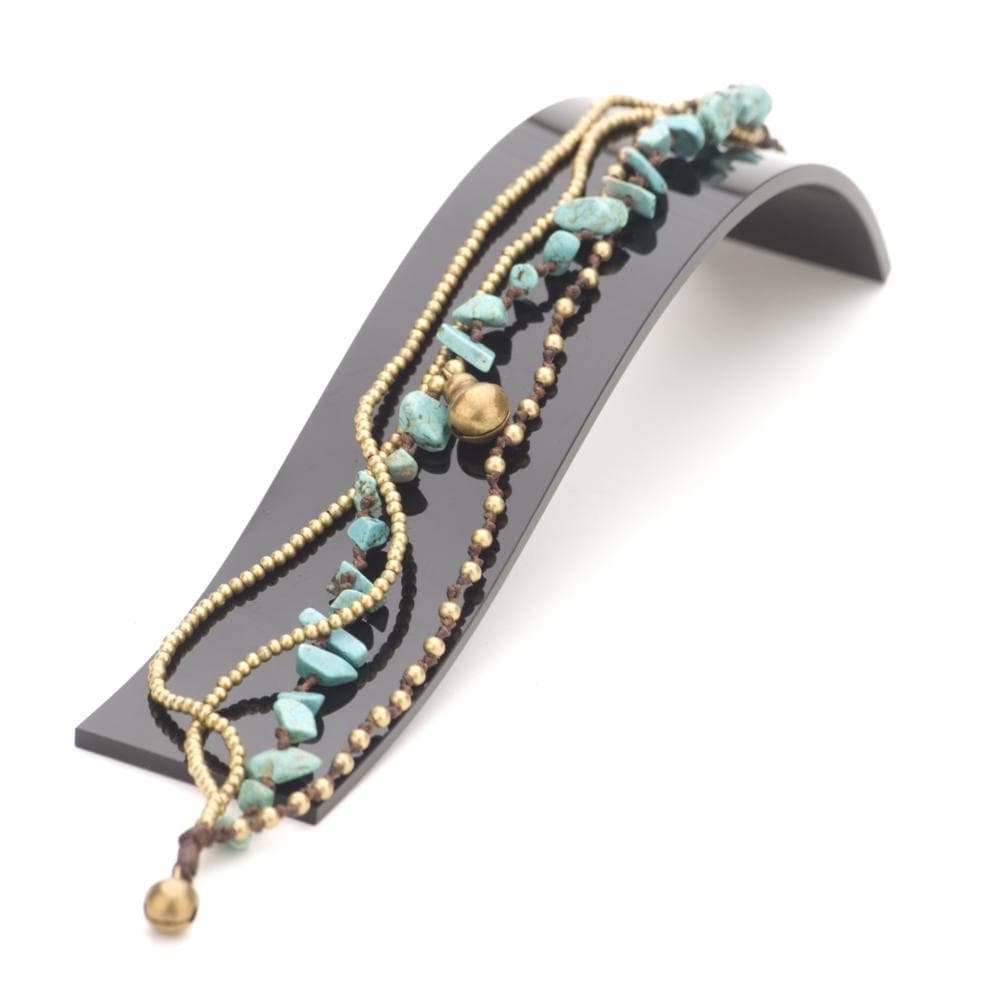 Gold Brass Turquoise Bead Multistrand Anklet Bell Cord Ankle Bracelet