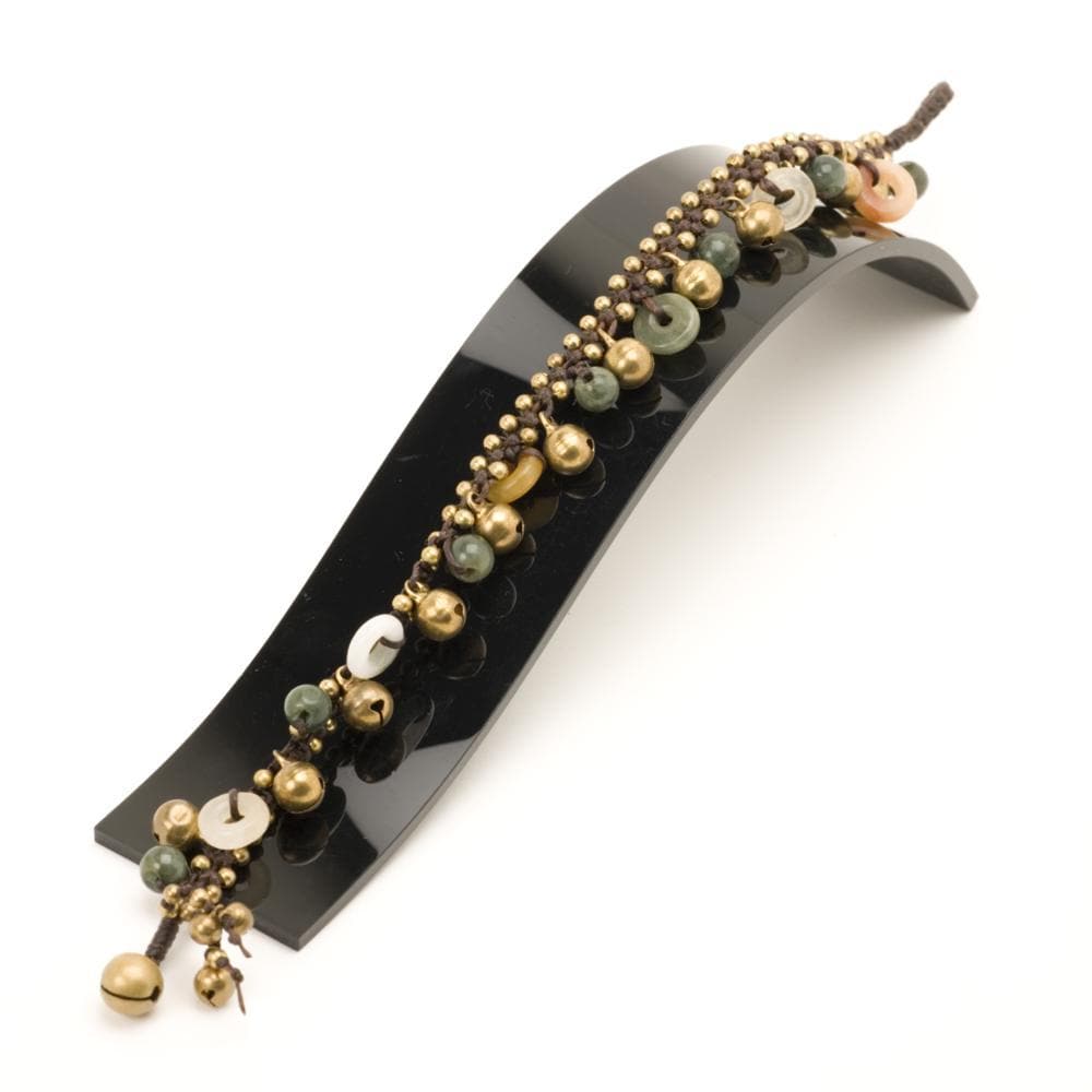 Gold Brass Green Gemstone Bead Anklet Bell Payal Cord Ankle Bracelet