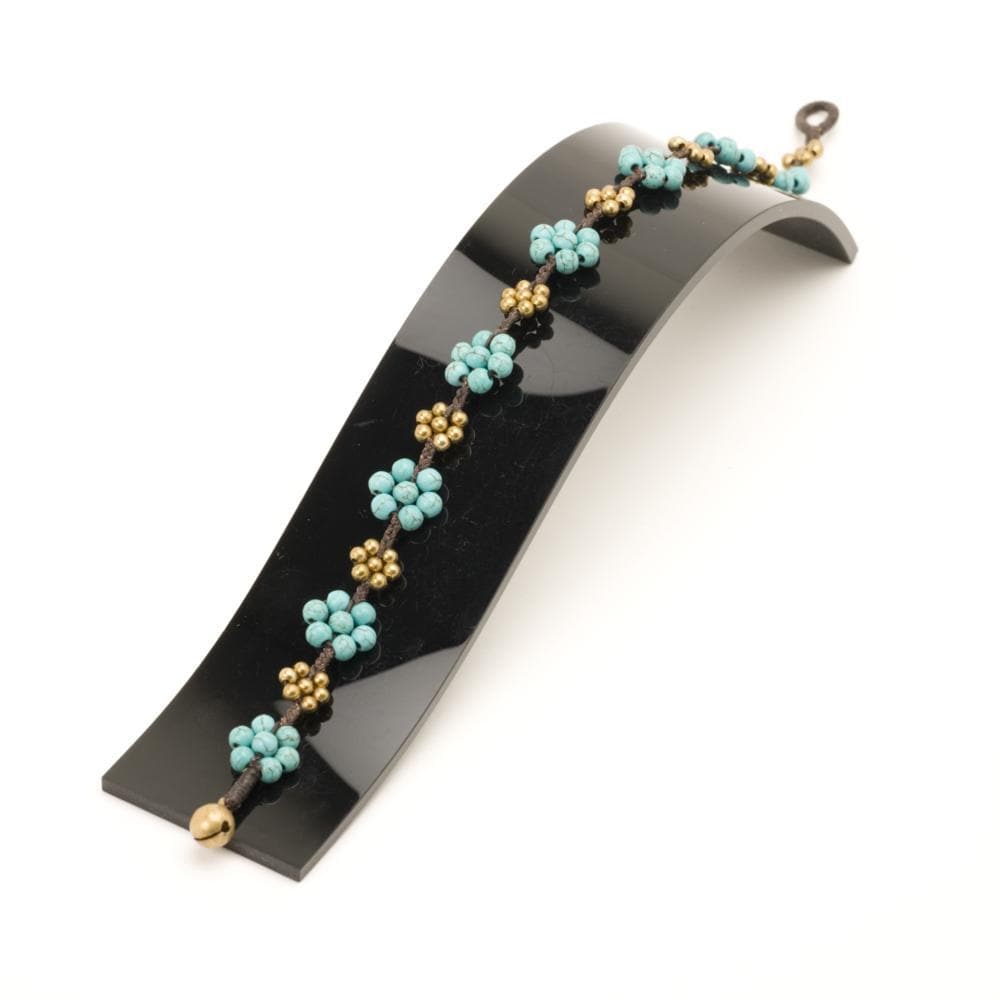 Gold Brass Turquoise Flower Bead Anklet Bell Cord Ankle Bracelet