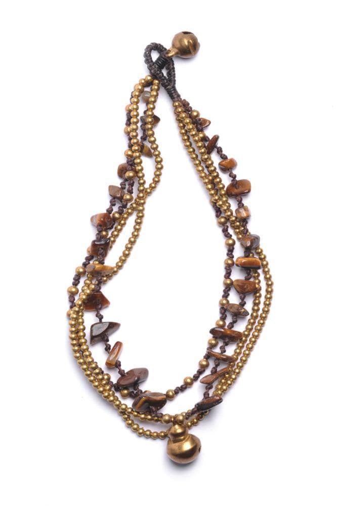 Gold Brass Tiger Eye Chip Multistrand Ankle Bracelet Bead Bell Anklet