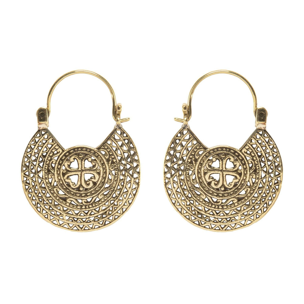 Gold Brass Round Filigree Mandala Four Leaf Clover Disc Earrings