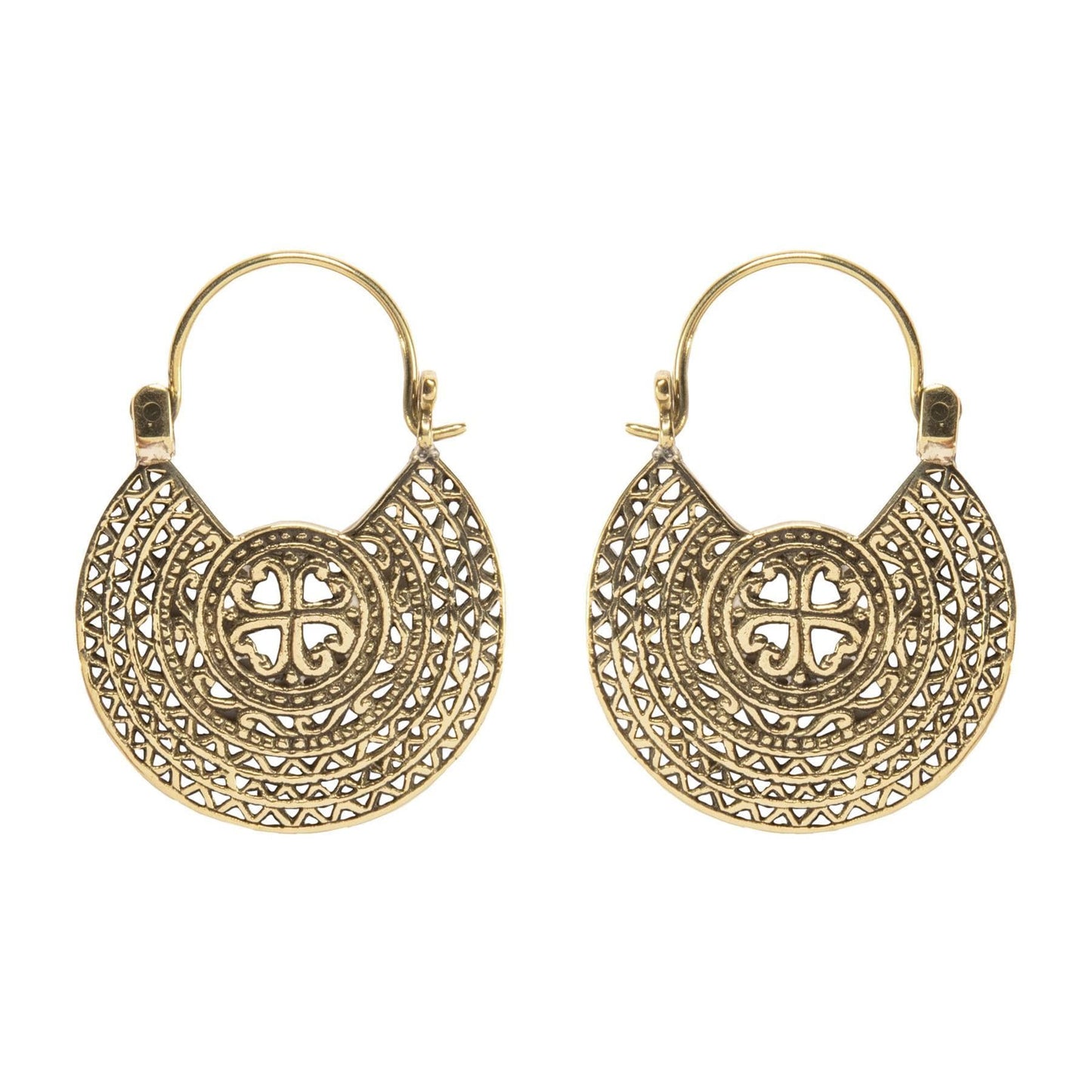
                  
                    Gold Brass Round Filigree Mandala Four Leaf Clover Disc Earrings
                  
                
