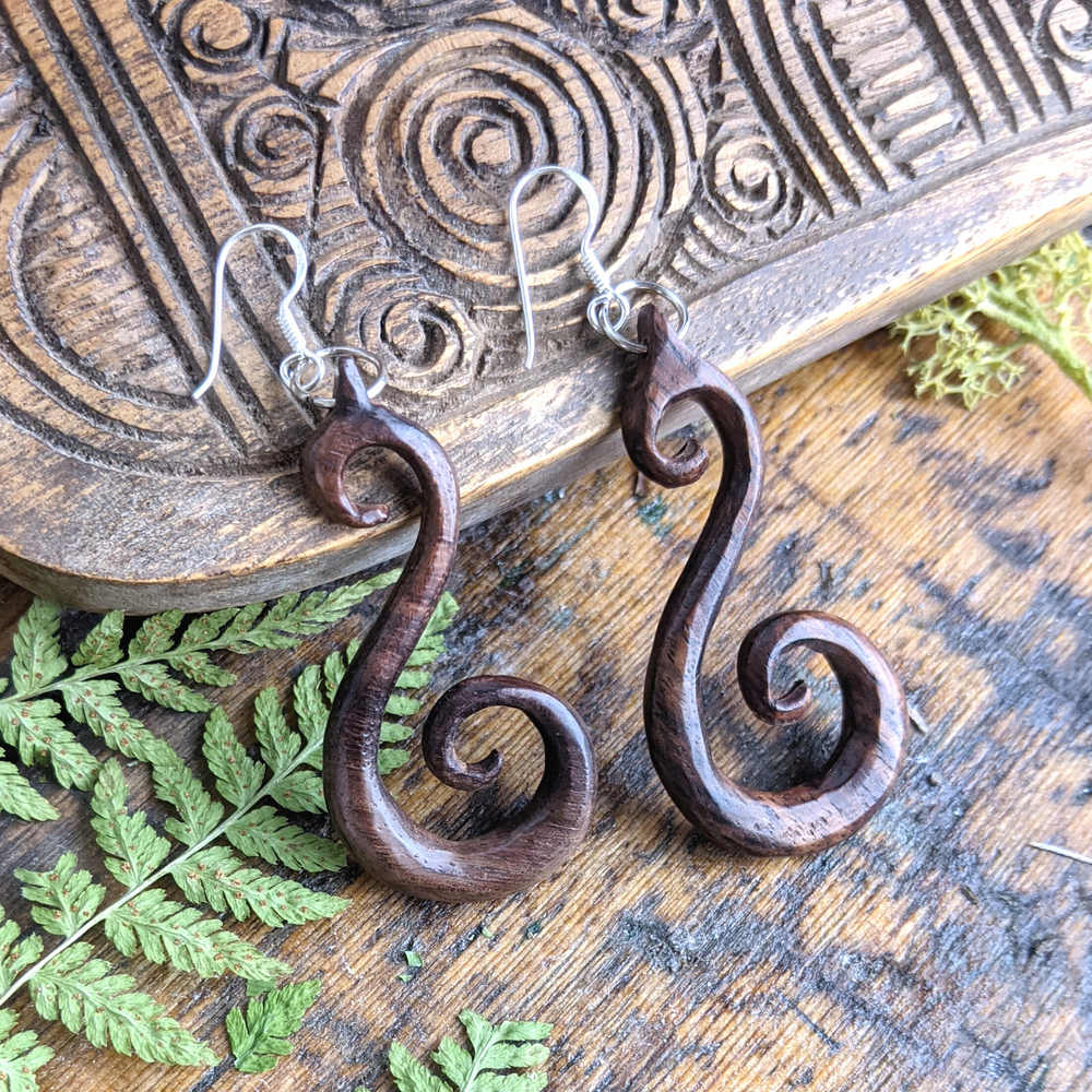 Wood Double Spiral Dangle Earrings With Sterling Silver Hooks