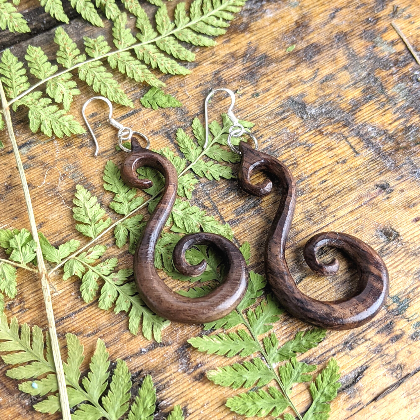 Wood Double Spiral Dangle Earrings With Sterling Silver Hooks