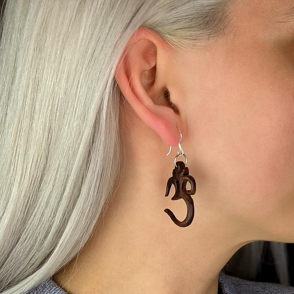 Wood Om Aum Spiritual Dangle Earrings With Sterling Silver Hooks