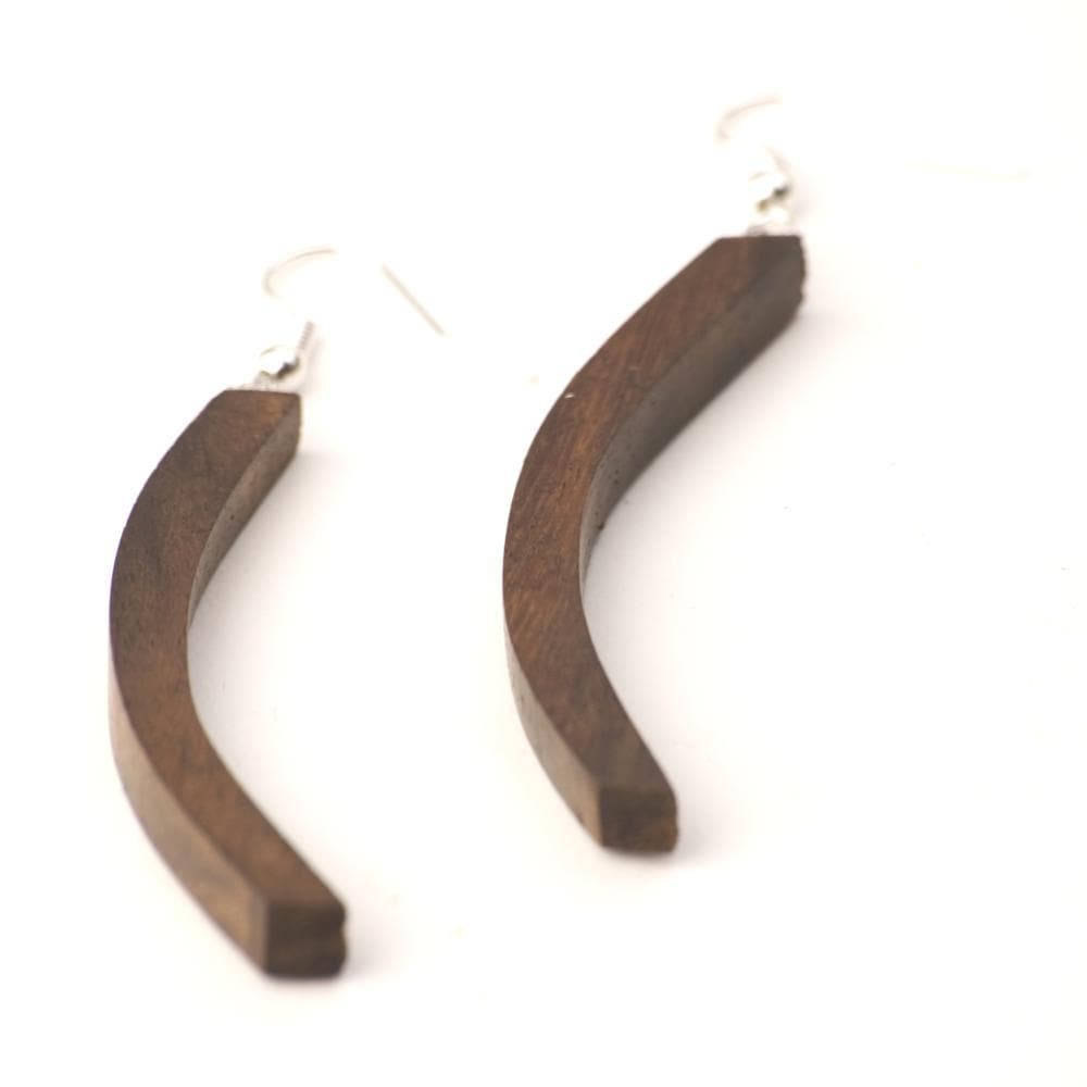 Wood Curved Bar Long Brown Dangle Earrings With Sterling Silver Hooks