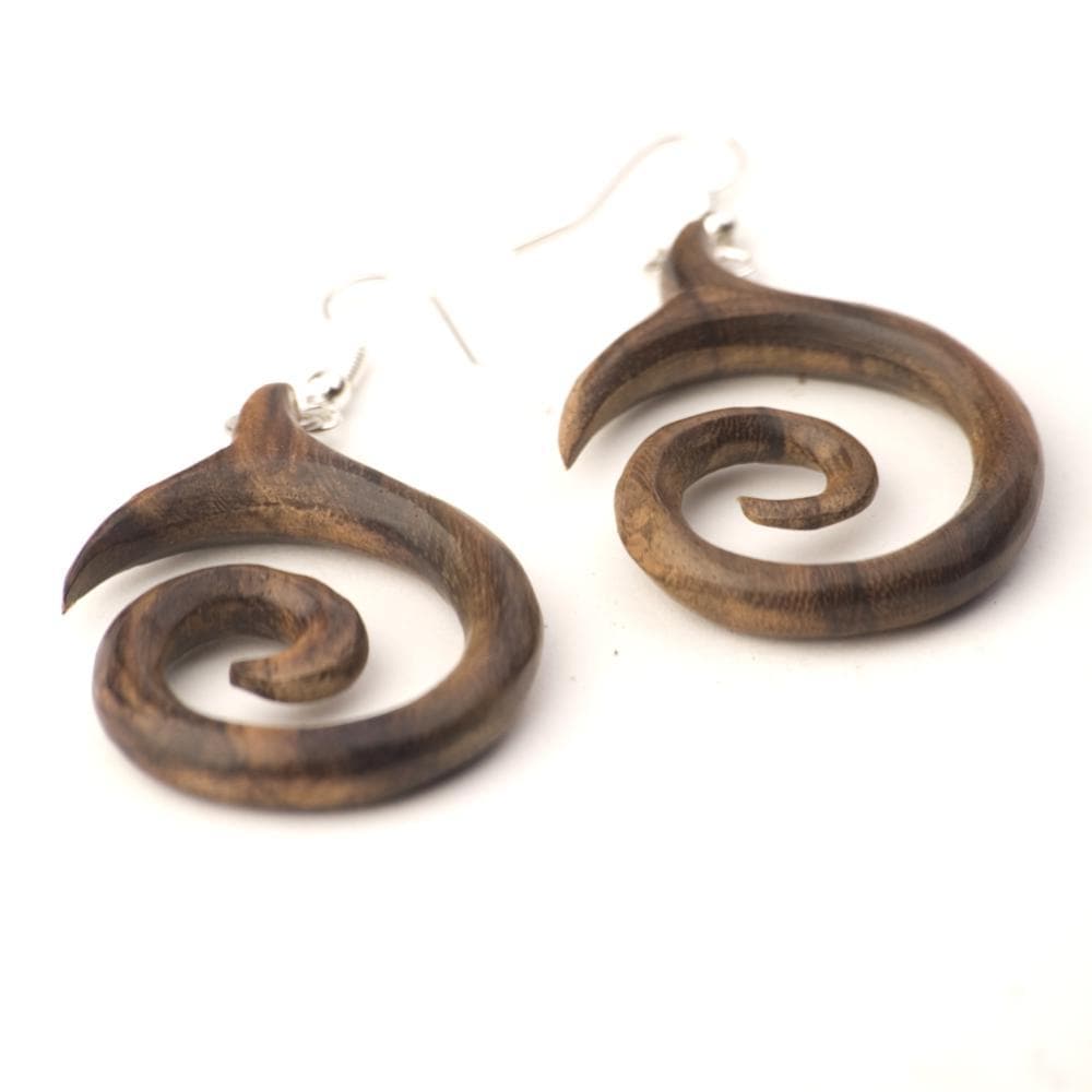 
                  
                    Wood Round Spiral Dangle Earrings With Sterling Silver Hooks
                  
                