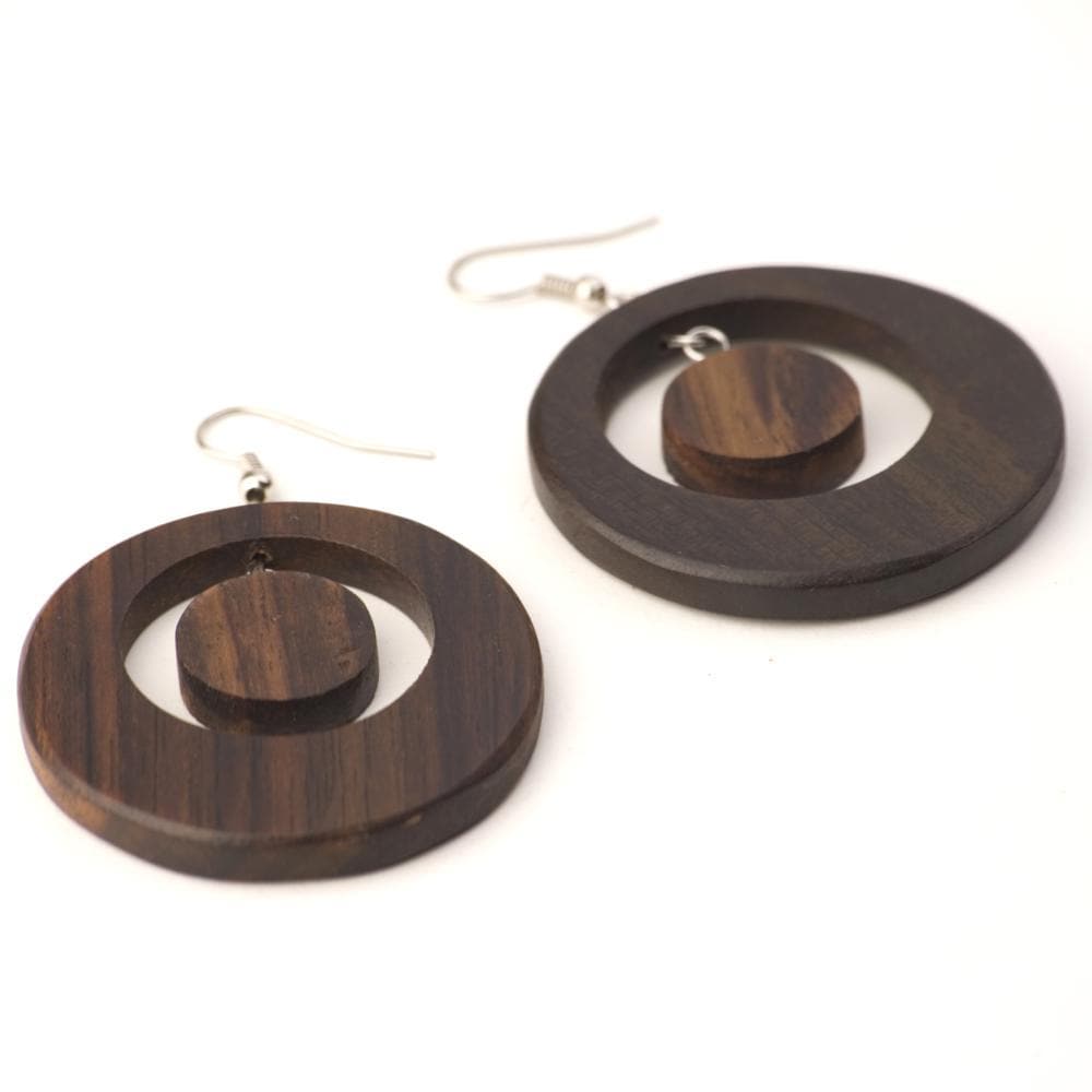 Wood Round Disc Earrings 60s Mod With Sterling Silver Hooks