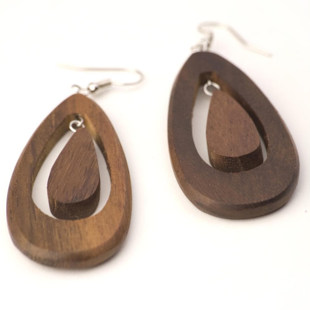 Wood Large Teardrop Mod Dangle Earrings With Sterling Silver Hooks