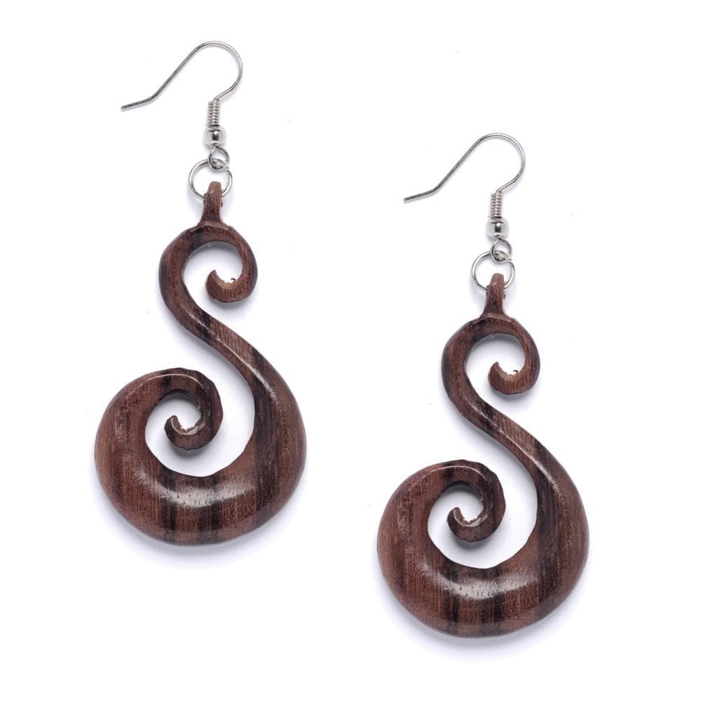 
                  
                    Wood Double Spiral Dangle Earrings With Sterling Silver Hooks
                  
                