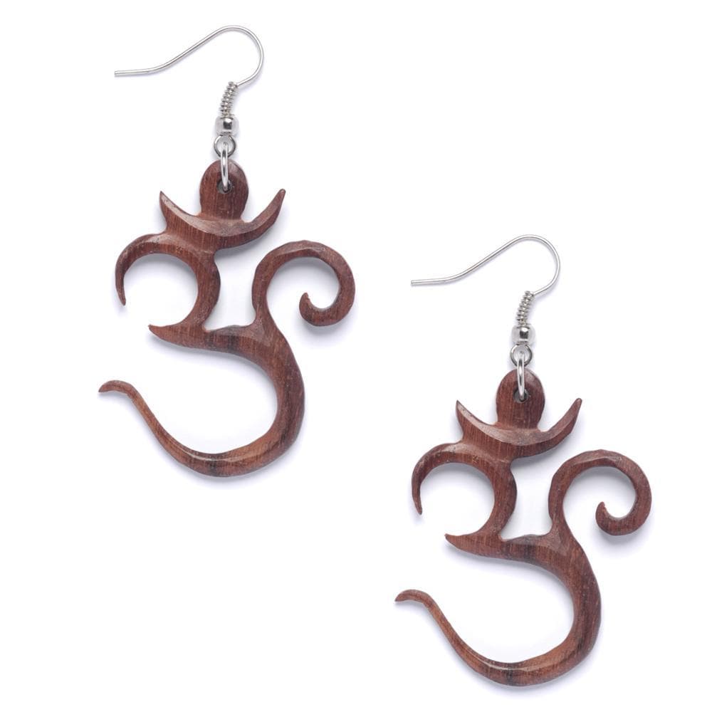 Wood Om Aum Spiritual Dangle Earrings With Sterling Silver Hooks