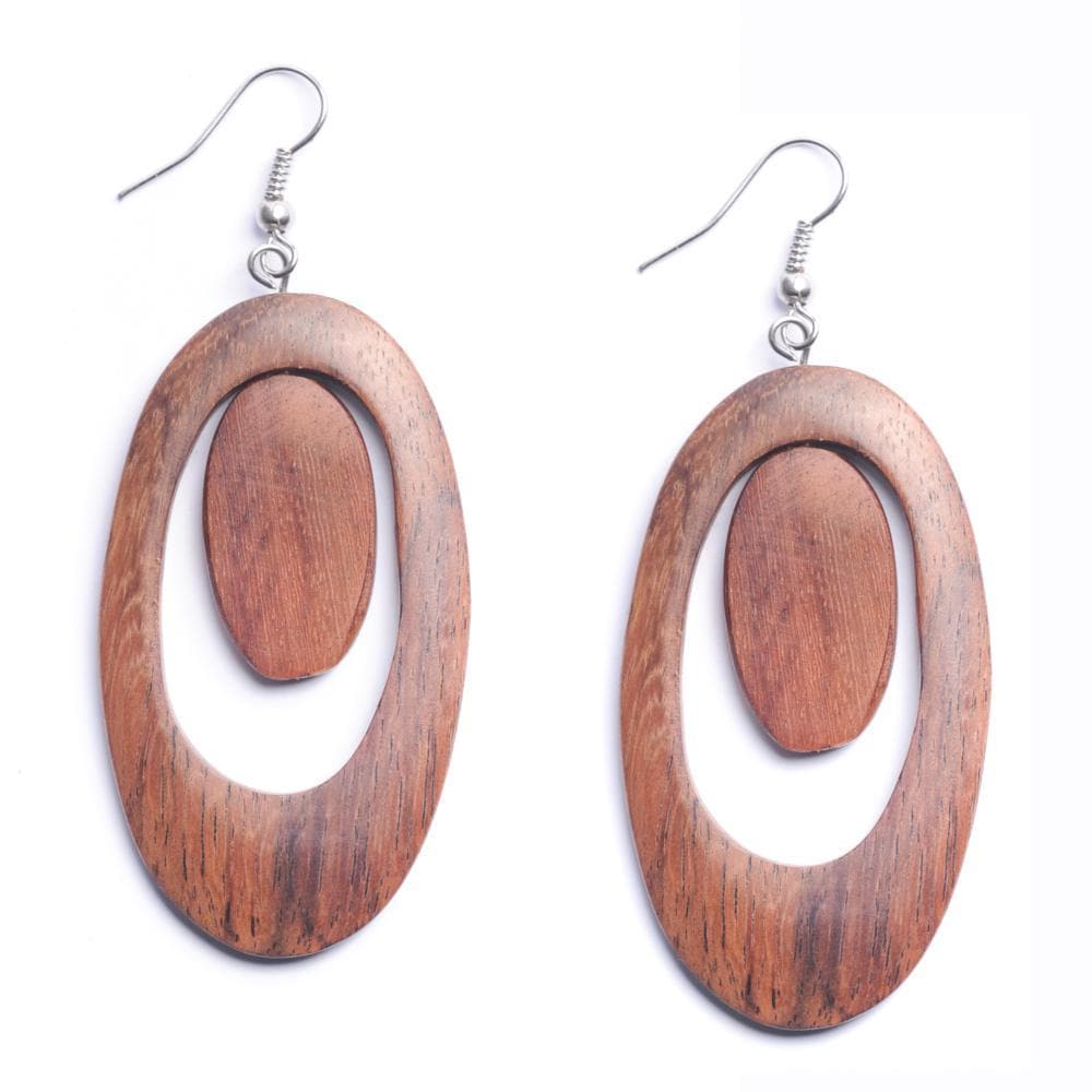 Wood Oval Earrings With Sterling Silver Hooks 60s Mod Style