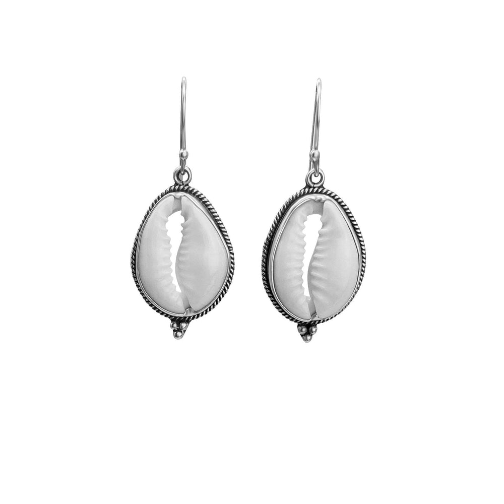 Sterling Silver Rope Framed Cowrie Shell Bali Dangle Earrings