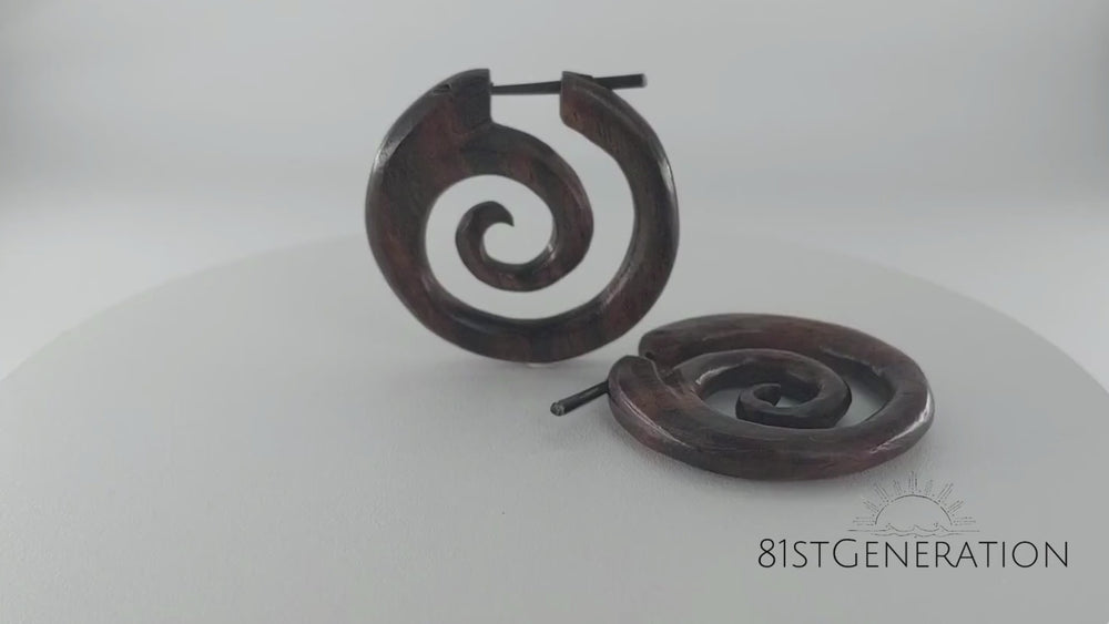
                  
                    Load and play video in Gallery viewer, Wood Round Disc Spiral Hoop Pin Earrings Wooden Hoops With Stick Posts
                  
                